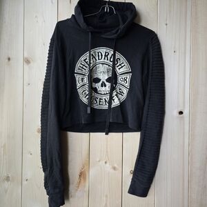 Head Rush Cropped Hoodie Skull Graphic Long Sleeve Black XXS